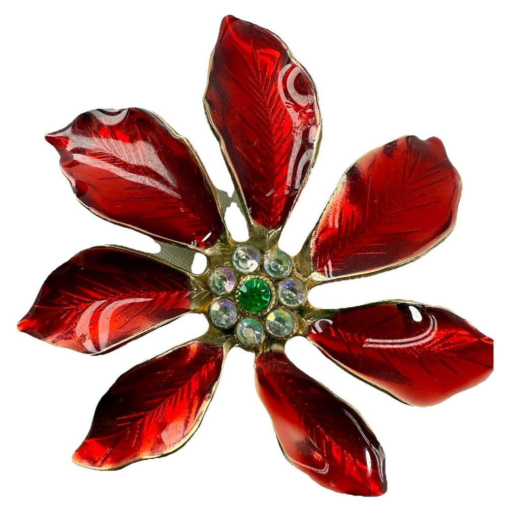 Vintage Red Enamel‎ Poinsettia Brooch Gold Tone Rhinestone Pin EUC